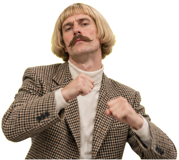Original design character: blond bob, curled moustache, houndstooth jacket and a deadpan boxing pose